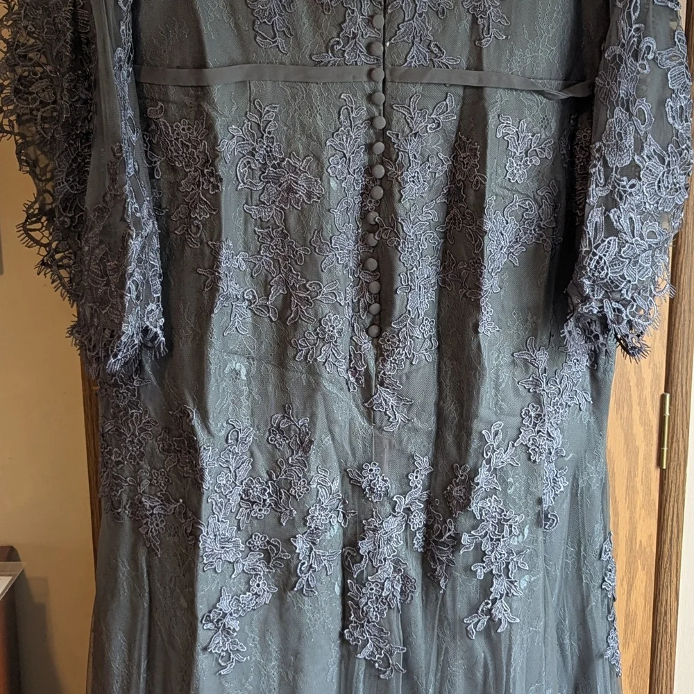 MissAcco Charcoal Lace Mermaid Gown with Sheer Bell Sleeves - Picture 3 of 5
